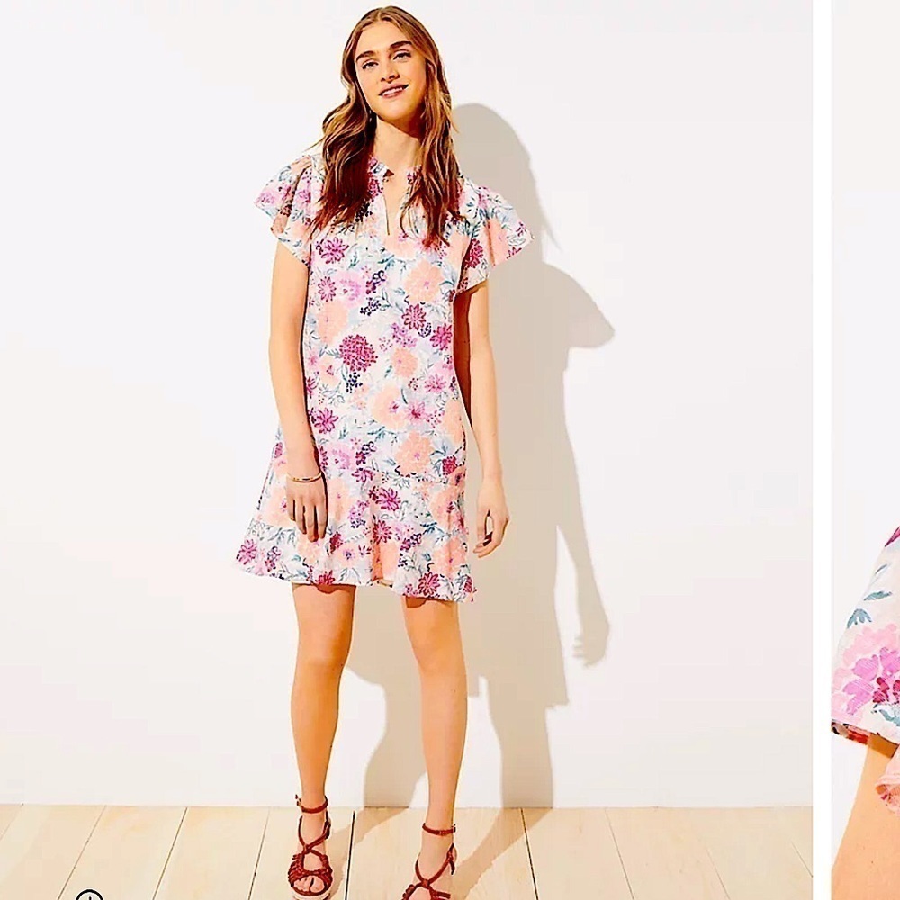 LOFT Floral Flutter Flounce Swing Dress boho cottagecore ruffles women’s size M